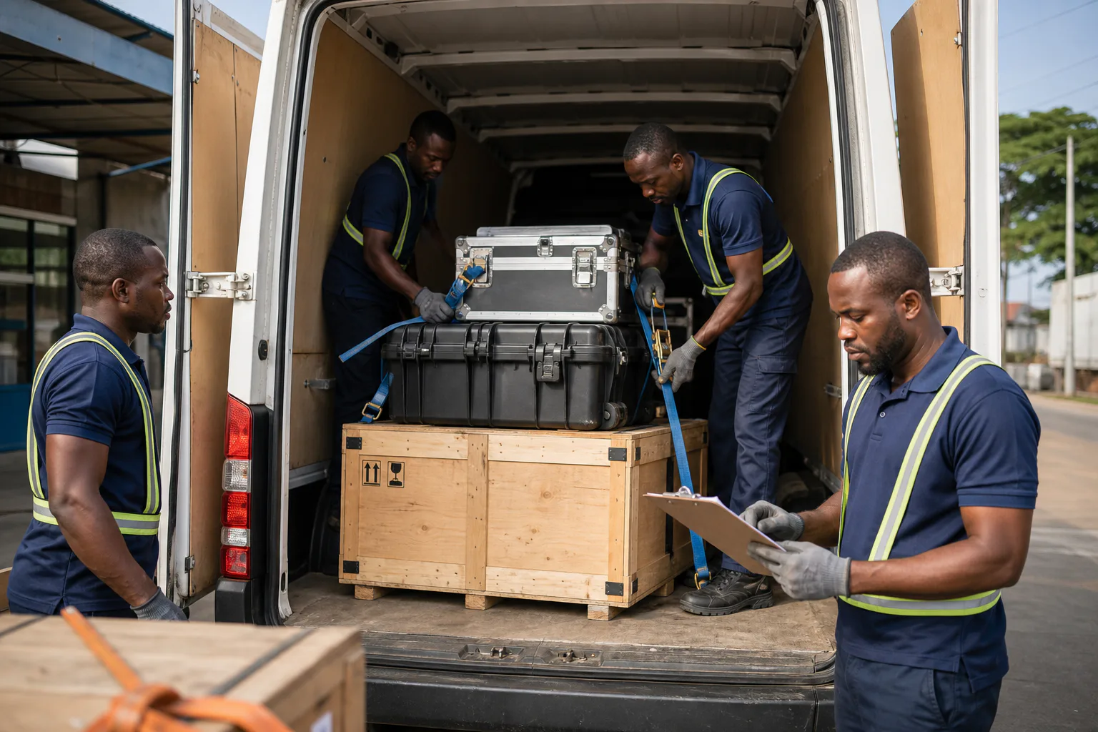 Logistics crew securing industrial equipment inside a commercial van