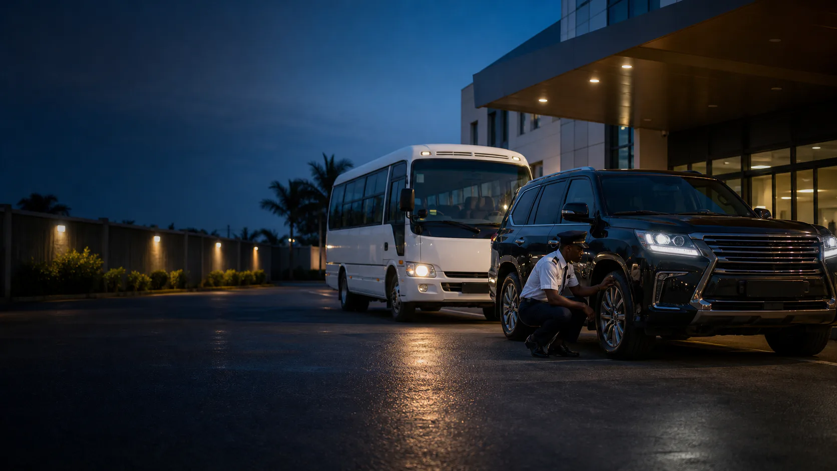 Driver inspecting an executive vehicle beside a staff bus before departure
