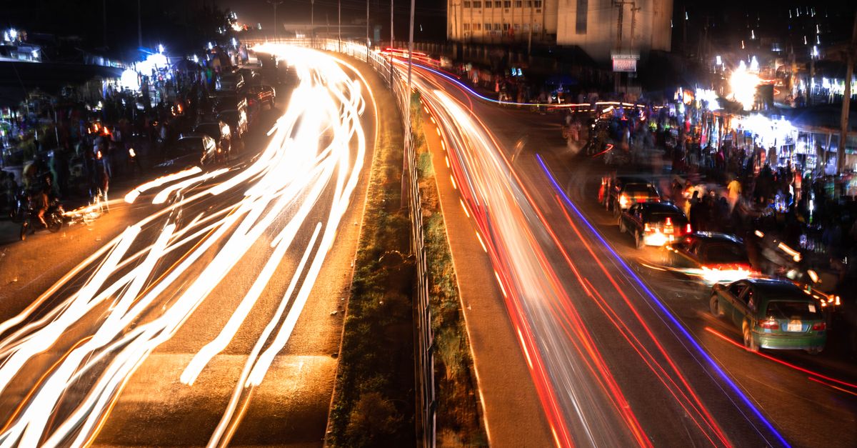 Traffic light trails at night in Nigeria